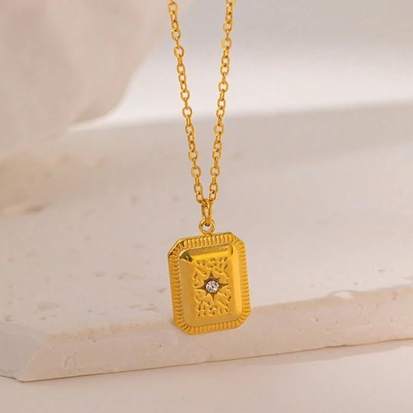 Elegant Stainless Steel Square Pendant with Inlaid Eight-Arm Star Necklace - Picture 1 of 4